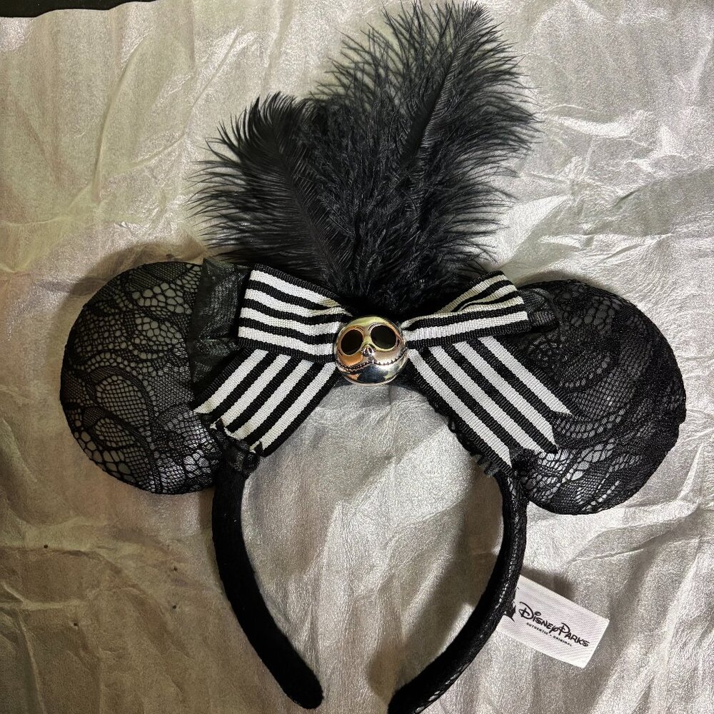 Disney Parks Nightmare Before Christmas Jack Mickey Mouse Ears w/Feathers, EUC